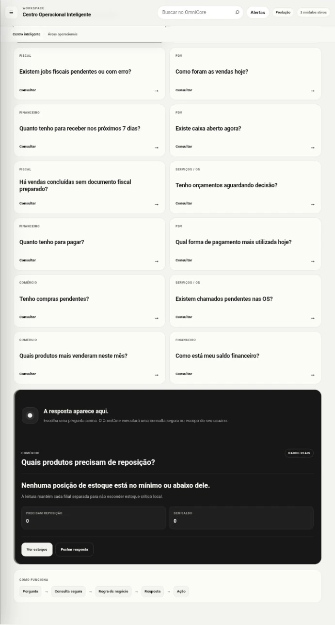 Tela real do OmniCore respondendo uma consulta de estoque