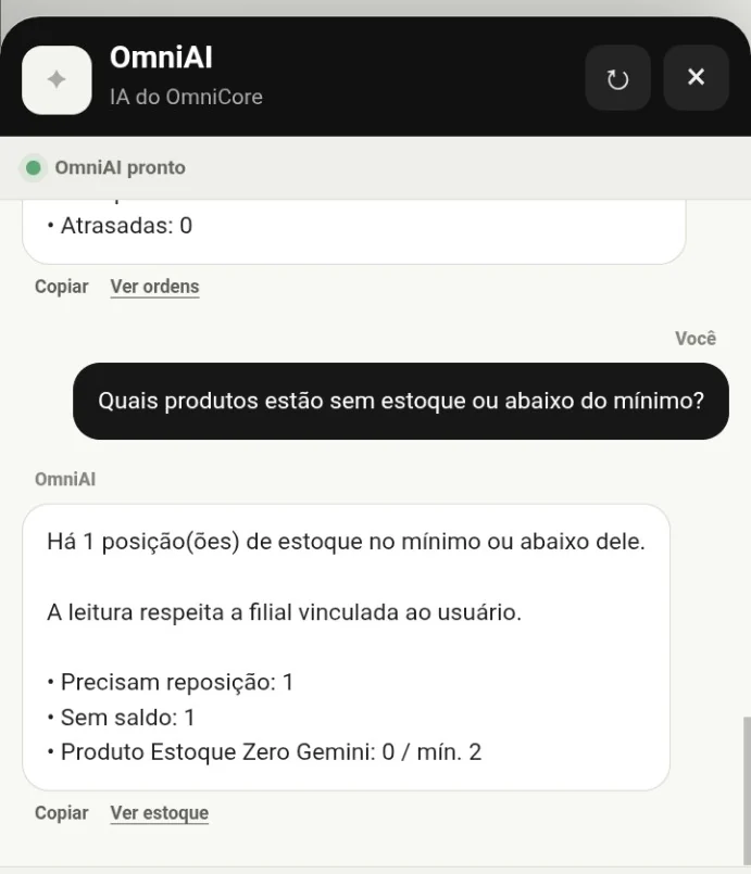 Tela real do OmniAI consultando o estoque do OmniCore em linguagem natural