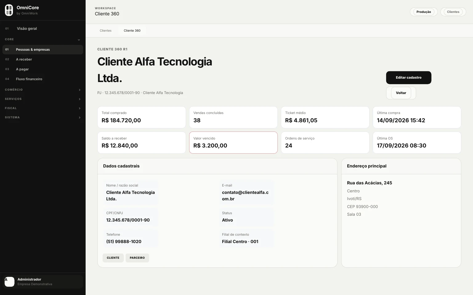 Cliente 360 com histórico operacional consolidado