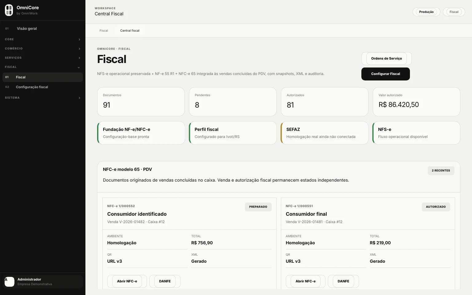 Central fiscal com NF-e, NFC-e e documentos